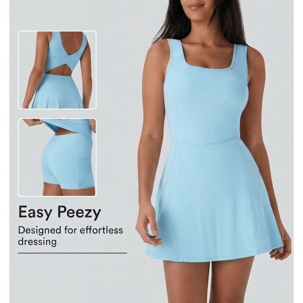 NWT HALARA Built-in Bra 2-in-1 Pocket Mini Active Easy Peezy Blue Dress SIZE S